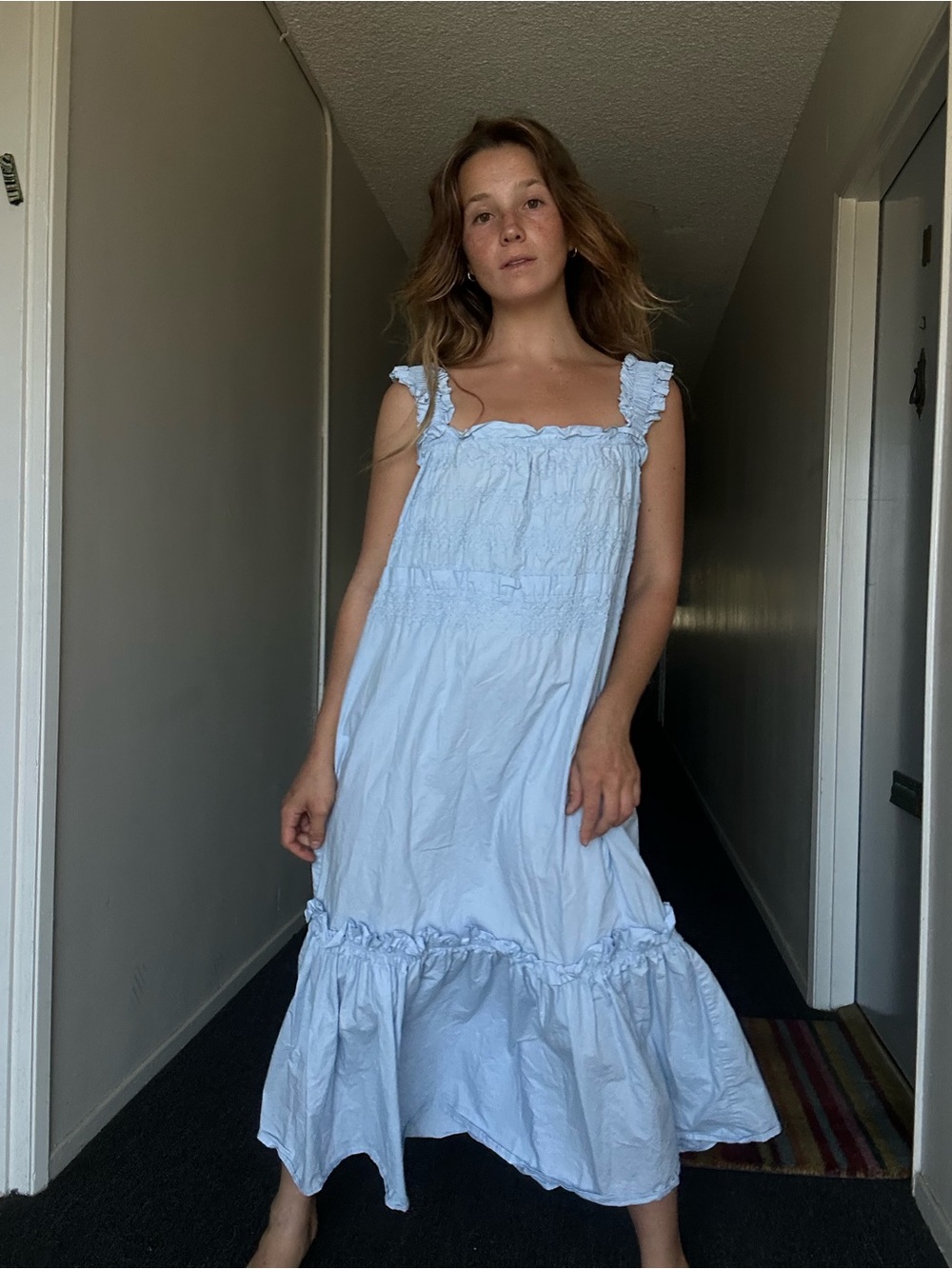 Sea Phoebe Smocked Light Blue cotton midi dress